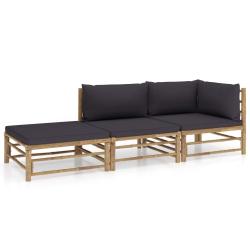 Salon de jardin 3 pcs avec coussins gris fonc&eacute; bambou