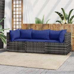 Salon de jardin 3 pcs avec coussins Gris R&eacute;sine tress&eacute;e