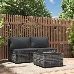 Salon de jardin 3 pcs avec coussins Gris R&eacute;sine tress&eacute;e