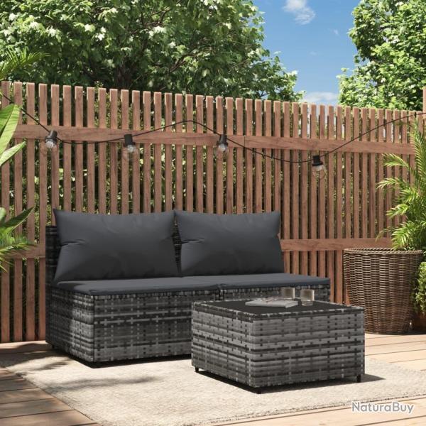 Salon de jardin 3 pcs avec coussins Gris R�sine tress�e