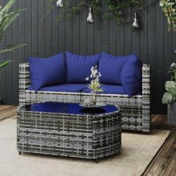 Salon de jardin 3 pcs avec coussins Gris R&eacute;sine tress&eacute;e