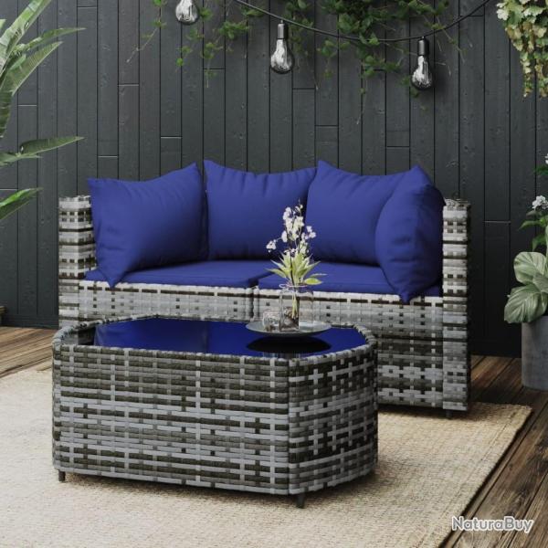 Salon de jardin 3 pcs avec coussins Gris R�sine tress�e