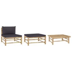 Salon de jardin 3 pcs avec coussins gris fonc&eacute; Bambou