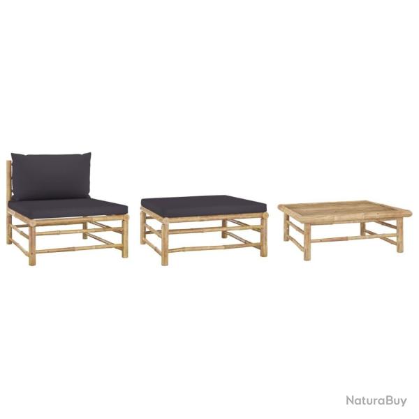 Salon de jardin 3 pcs avec coussins gris fonc� Bambou