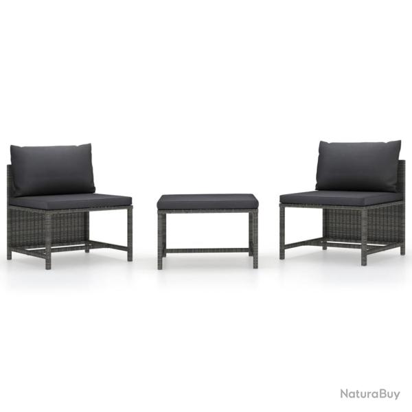 Salon de jardin 3 pcs avec coussins Gris R�sine tress�e