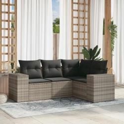 Salon de jardin 4 pcs avec coussins gris clair r&eacute;sine tress&eacute;e