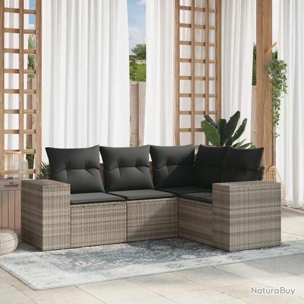 Salon de jardin 4 pcs avec coussins gris clair r�sine tress�e