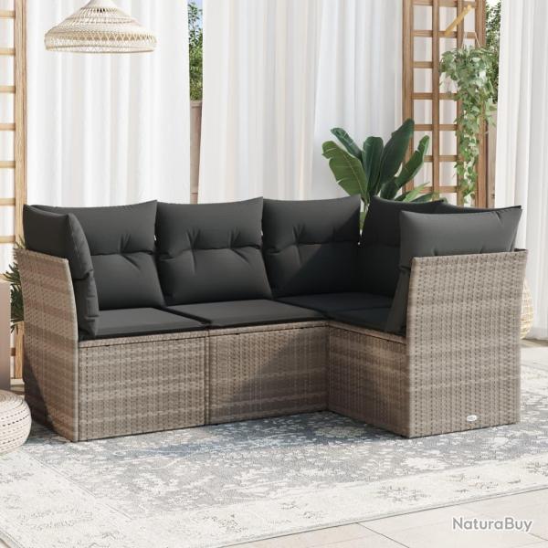 Salon de jardin 4 pcs avec coussins gris clair r�sine tress�e