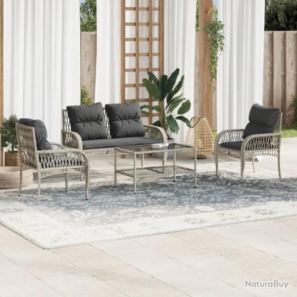 Salon de jardin 4 pcs avec coussins gris clair r�sine tress�e