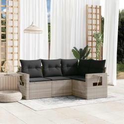 Salon de jardin 4 pcs avec coussins gris clair r&eacute;sine tress&eacute;e