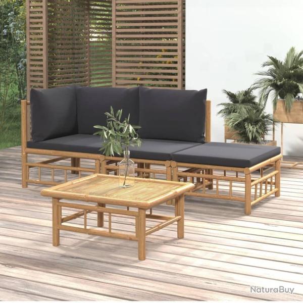 Salon de jardin 4 pcs avec coussins gris fonc� bambou