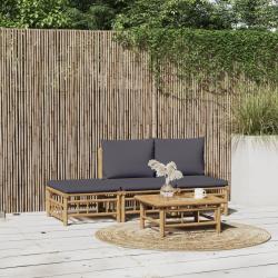Salon de jardin 4 pcs avec coussins gris fonc&eacute; bambou