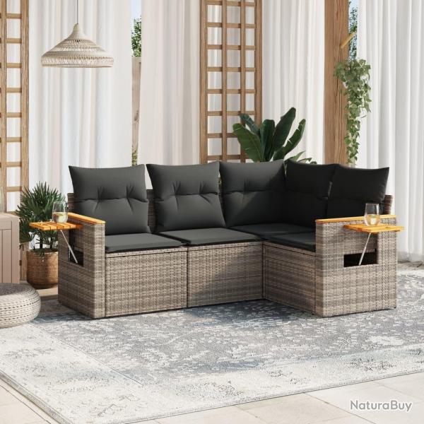 Salon de jardin 4 pcs avec coussins gris r�sine tress�e alsavelo