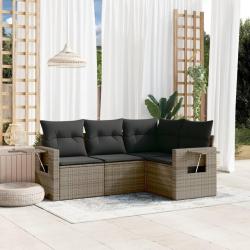 Salon de jardin 4 pcs avec coussins gris r&eacute;sine tress&eacute;e
