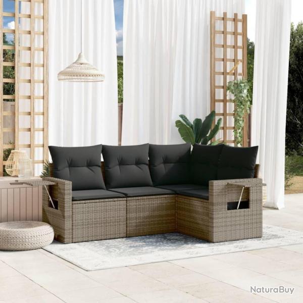 Salon de jardin 4 pcs avec coussins gris r�sine tress�e