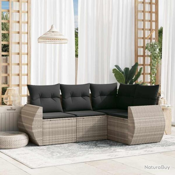 Salon de jardin 4 pcs avec coussins gris clair r�sine tress�e