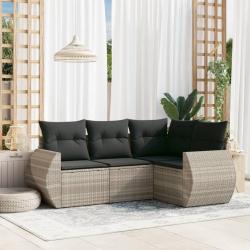 Salon de jardin 4 pcs avec coussins gris clair r&eacute;sine tress&eacute;e