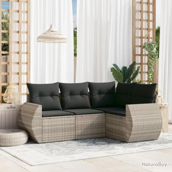 Salon de jardin 4 pcs avec coussins gris clair r�sine tress�e