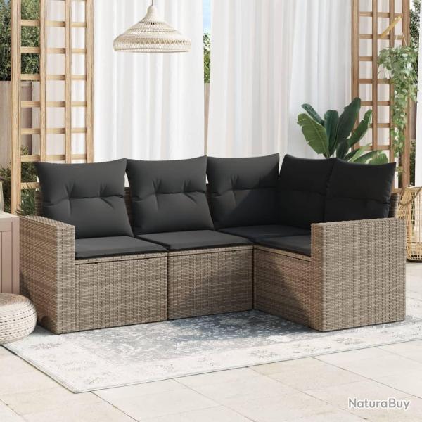 Salon de jardin 4 pcs avec coussins gris r�sine tress�e alsavelo