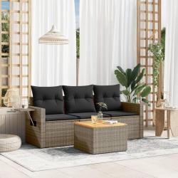 Salon de jardin 4 pcs avec coussins gris r&eacute;sine tress&eacute;e