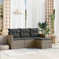 Salon de jardin 4 pcs avec coussins gris r&eacute;sine tress&eacute;e