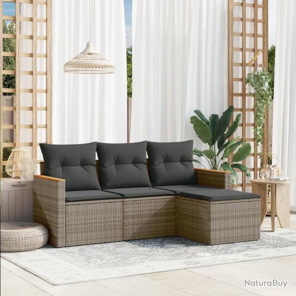 Salon de jardin 4 pcs avec coussins gris r�sine tress�e