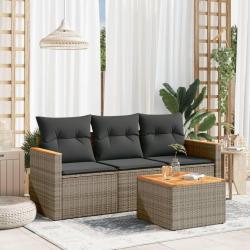 Salon de jardin 4 pcs avec coussins gris r&eacute;sine tress&eacute;e