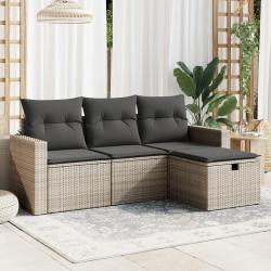Salon de jardin 4 pcs avec coussins gris r&eacute;sine tress&eacute;e