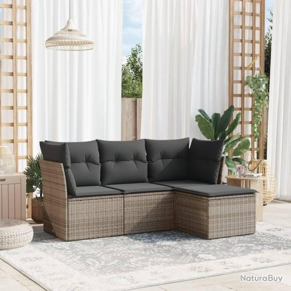 Salon de jardin 4 pcs avec coussins gris r�sine tress�e