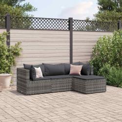 Salon de jardin 4 pcs avec coussins Gris R&eacute;sine tress&eacute;e alsavelo