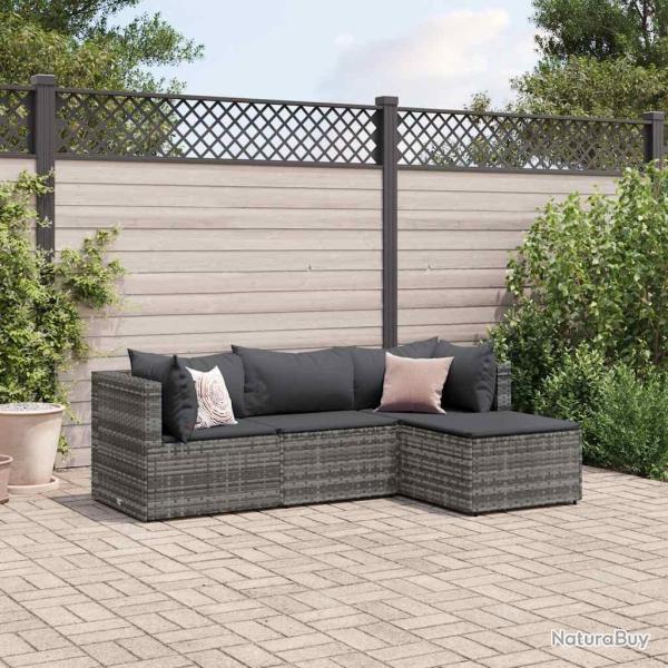Salon de jardin 4 pcs avec coussins Gris R�sine tress�e