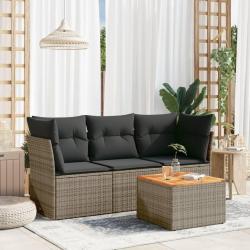 Salon de jardin 4 pcs avec coussins gris r&eacute;sine tress&eacute;e