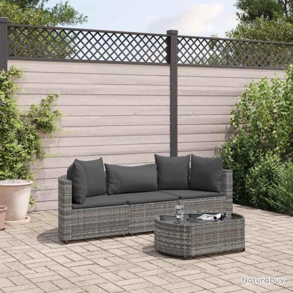 Salon de jardin 4 pcs avec coussins gris r�sine tress�e