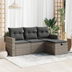Salon de jardin 4 pcs avec coussins gris r&eacute;sine tress&eacute;e