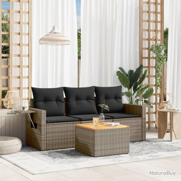 Salon de jardin 4 pcs avec coussins gris r�sine tress�e