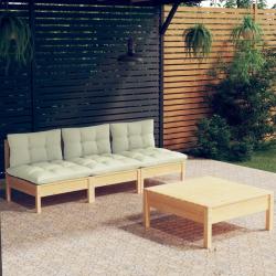 Salon de jardin 4 pcs avec coussins cr&egrave;me Bois de pin