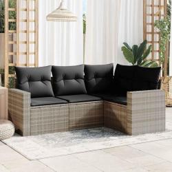 Salon de jardin 4 pcs avec coussins gris clair r&eacute;sine tress&eacute;e