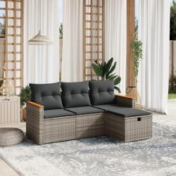 Salon de jardin 4 pcs avec coussins gris r&eacute;sine tress&eacute;e