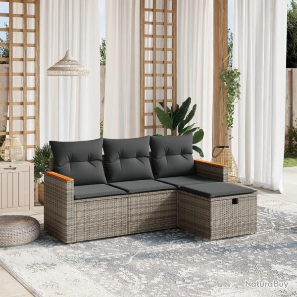Salon de jardin 4 pcs avec coussins gris r�sine tress�e alsavelo