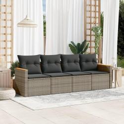 Salon de jardin 4 pcs avec coussins gris r&eacute;sine tress&eacute;e