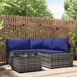 Salon de jardin 4 pcs avec coussins Gris R&eacute;sine tress&eacute;e