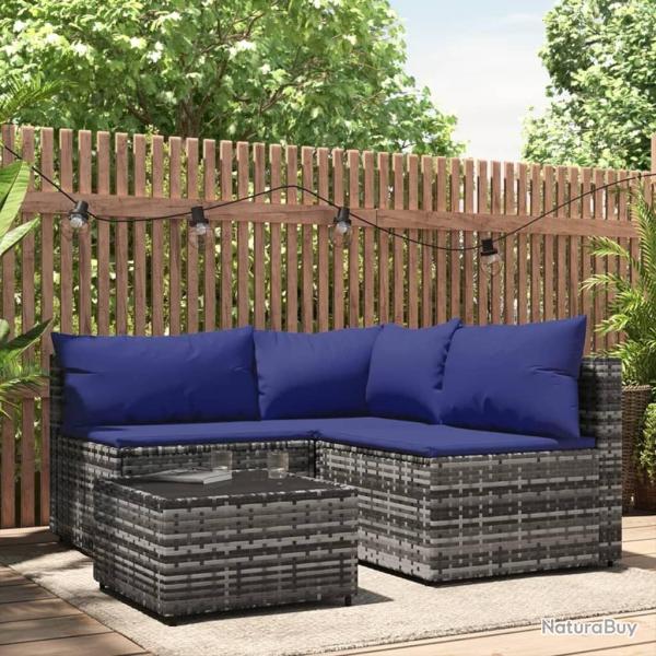 Salon de jardin 4 pcs avec coussins Gris R�sine tress�e
