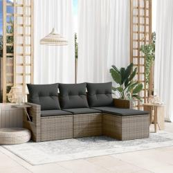 Salon de jardin 4 pcs avec coussins gris r&eacute;sine tress&eacute;e