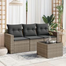 Salon de jardin 4 pcs avec coussins gris r&eacute;sine tress&eacute;e