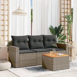Salon de jardin 4 pcs avec coussins gris r&eacute;sine tress&eacute;e
