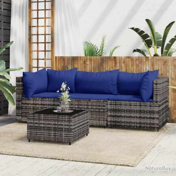 Salon de jardin 4 pcs avec coussins Gris R�sine tress�e alsavelo