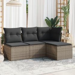 Salon de jardin 4 pcs avec coussins gris r&eacute;sine tress&eacute;e