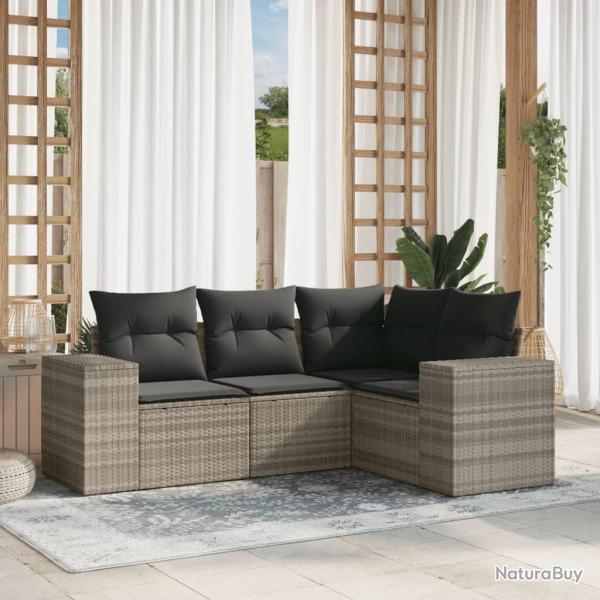 Salon de jardin 4 pcs avec coussins gris clair r�sine tress�e