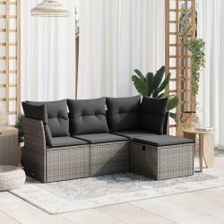 Salon de jardin 4 pcs avec coussins gris r&eacute;sine tress&eacute;e