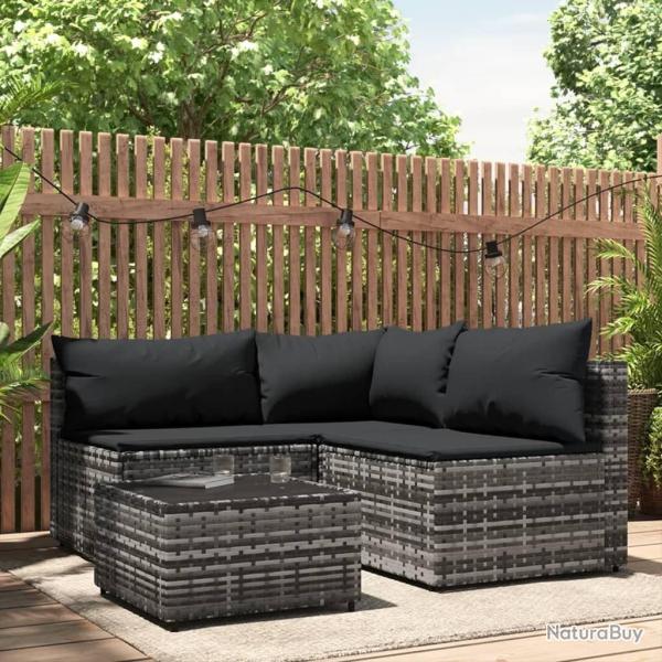 Salon de jardin 4 pcs avec coussins Gris R�sine tress�e